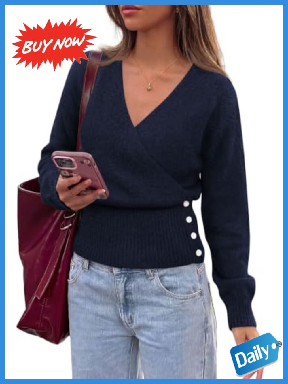 Women V Neck Wrap Sweater Cropped Long Sleeve Ribbed Knit Pullover